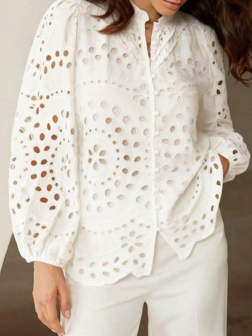 White Casual Women's Embroidered Hollow-Out Pleated Front Long Sleeve Blouse - Picture 4 of 8